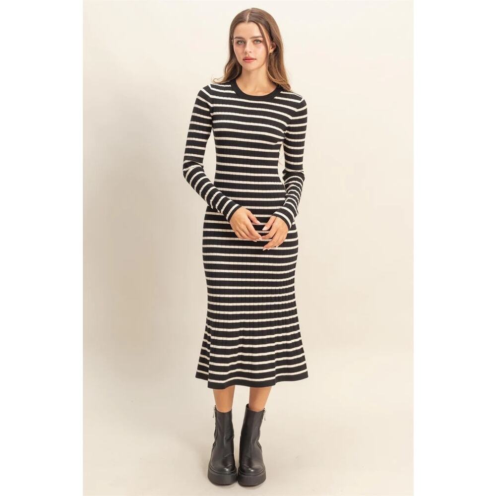 Altar’d State Sz L Striped Midi Dress Long Sleeve Trumpet Hem Black White